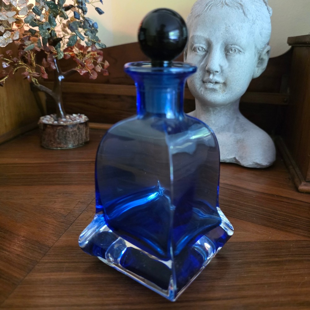 Cobalt Blue Art Glass Perfume Bottle‎ Square Geometric Decanter Stopper 5.5"